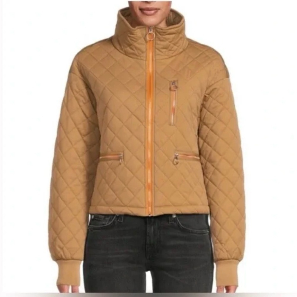 Avec Les Filles Quilted Cropped Mock High Neck Zip Front Jacket Orange Zip — S